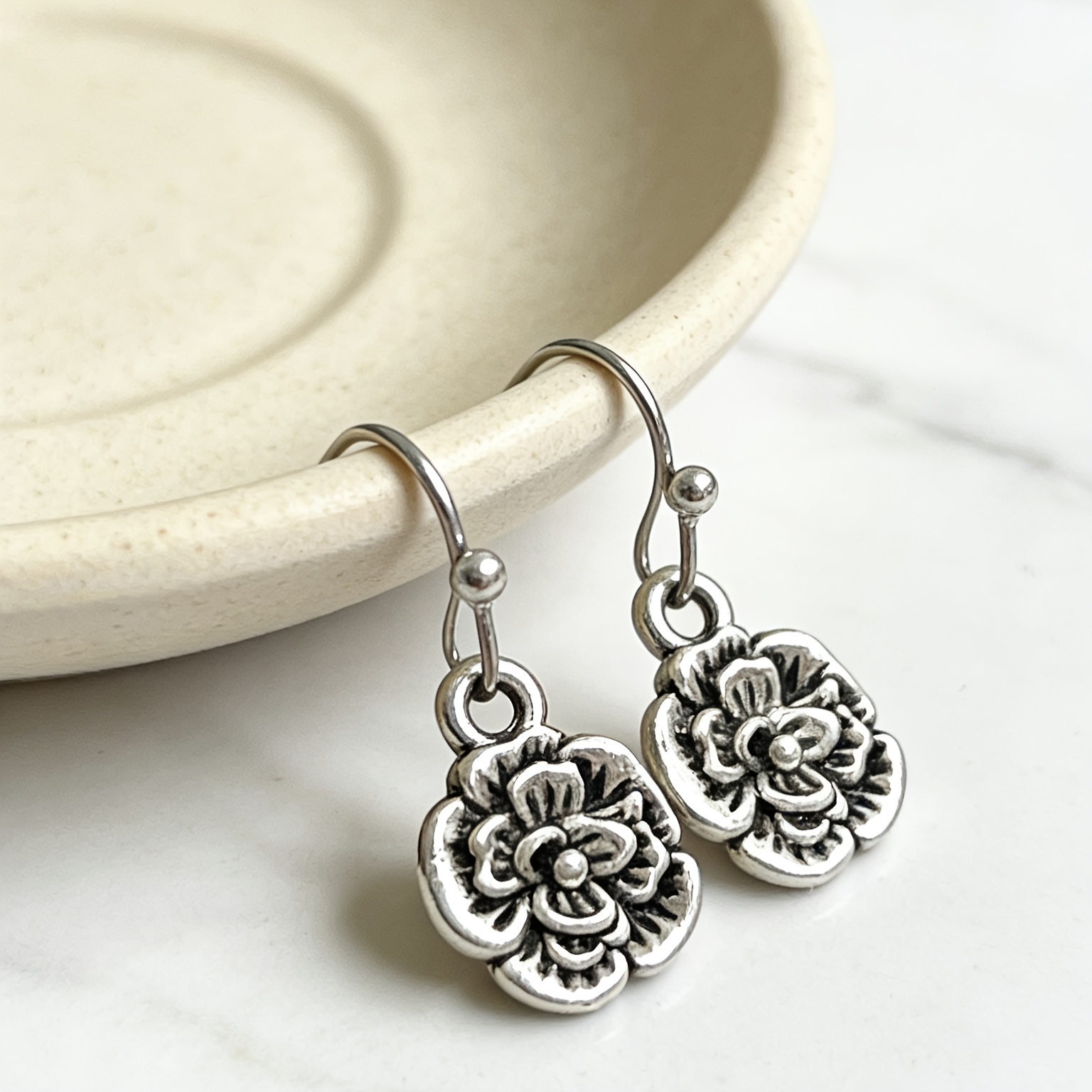 Women's Silvery Floral Drop Earrings — Vintage Distressed Style